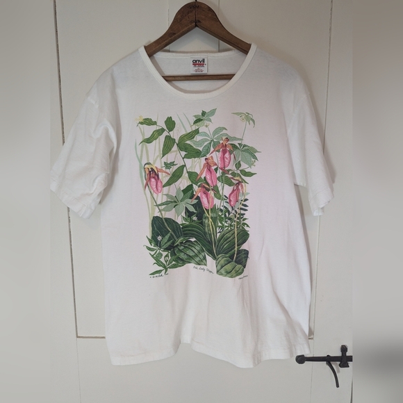 🤍 Vintage T SHIRT Anvil Single Stitch Botanical Graphic pink lady 1996 G.Milek - Picture 1 of 9